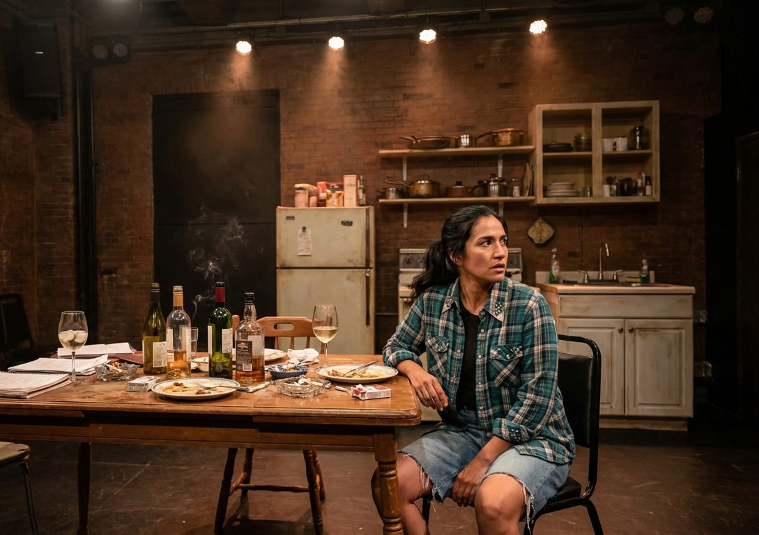 Priya Karki as Ella and her playwright father, David, sharing a moment in Ella's apartment during a scene from five years earlier in the play 8th Day Whisper.
