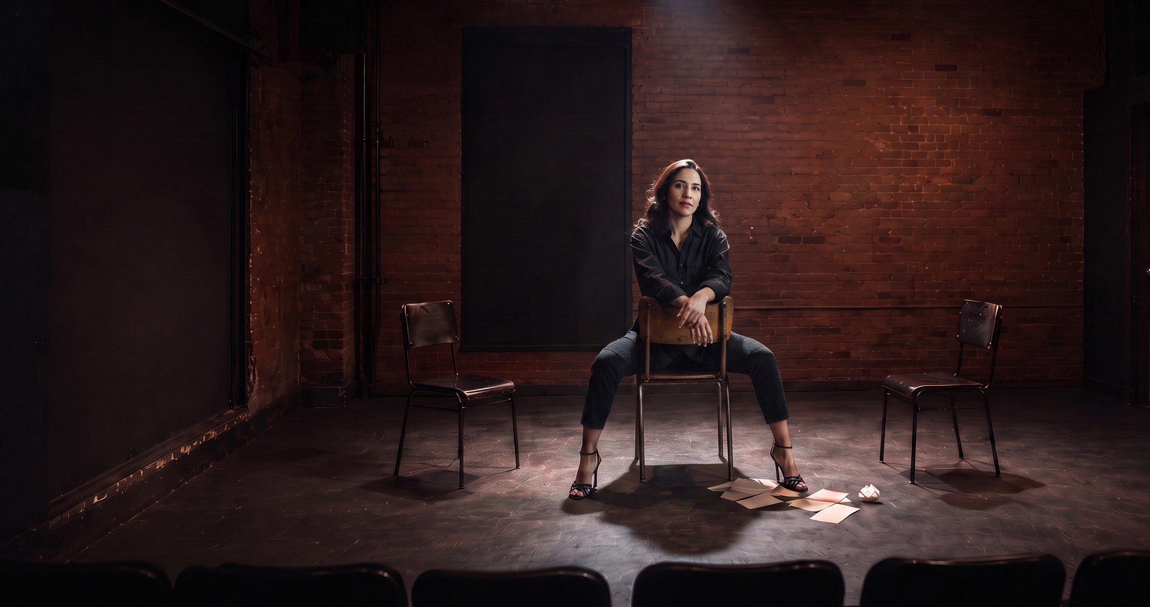 Priya Karki in the role of Ella, sitting in a single, bright spotlight on the dark stage of a black box theatre. Her posture radiates pride and fierce ambition during a scene from 8th Day Whisper